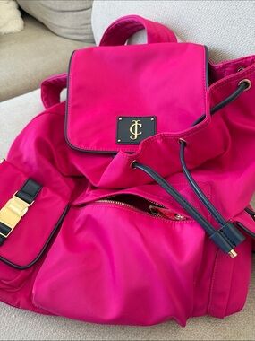 Juicy Couture Bright Fuchsia Drawstring Backpack with Navy Trim